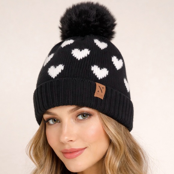 Nollia Accessories - Nollia NWOT Women Black White Hearts Knit Beanie Hat Fur Pom Sherpa Fleece Lined